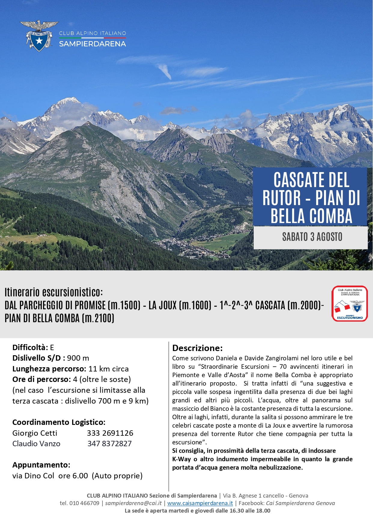 Sabato 3 Agosto – Escursionismo – Cascate del Rutor e Pian di Bella Comba