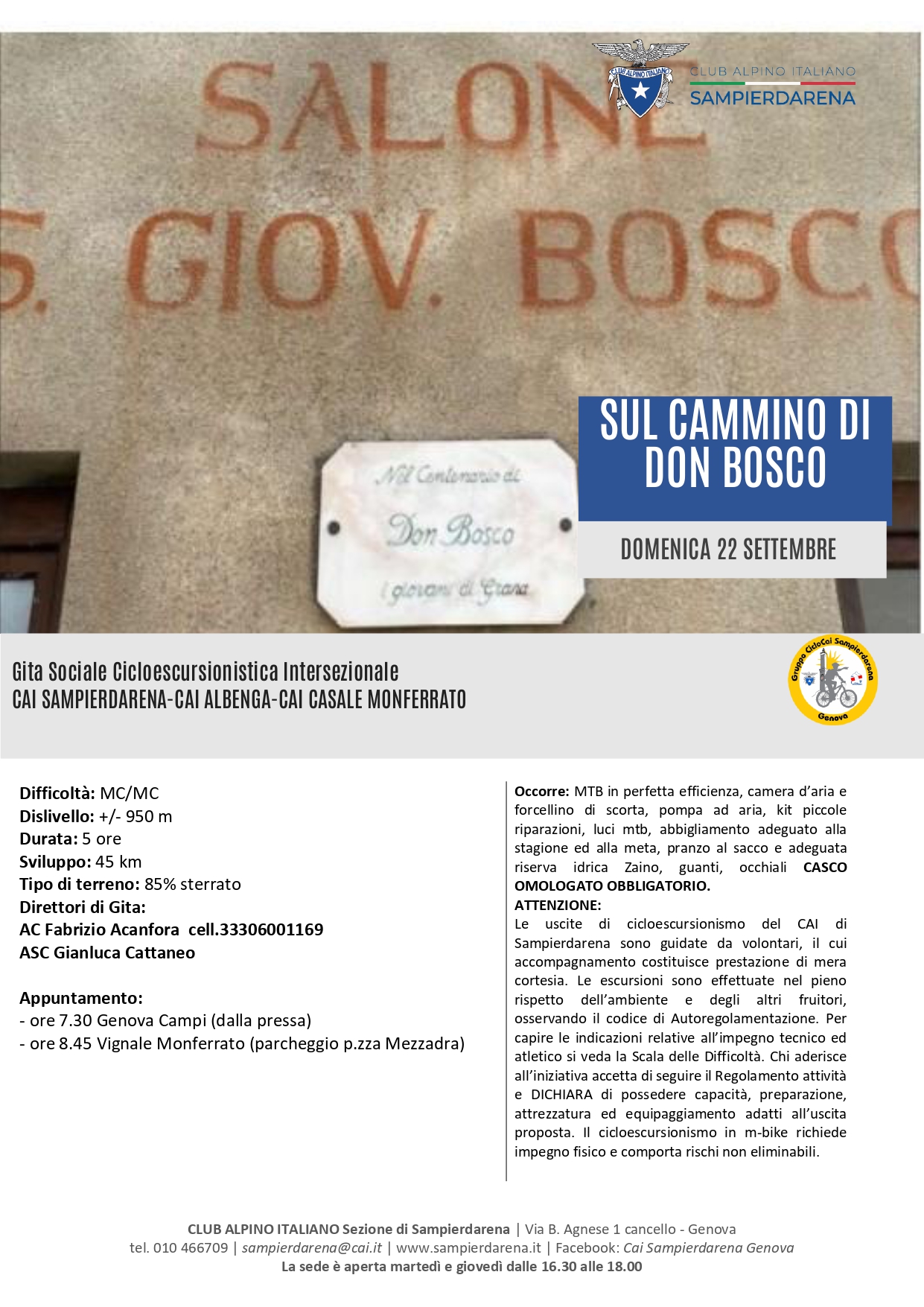 Domenica 22 Settembre – Cicloescursionismo – Sul Cammino di Don Bosco