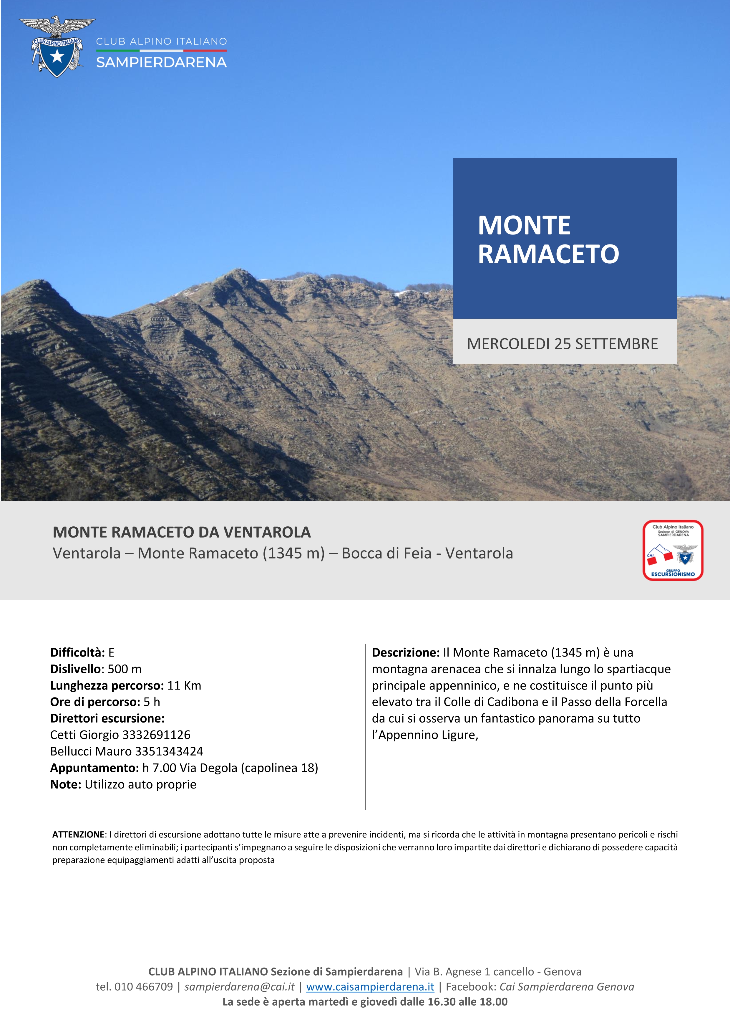 Mercoledì 25 Settembre: Escursionismo – Monte Ramaceto da Ventarola