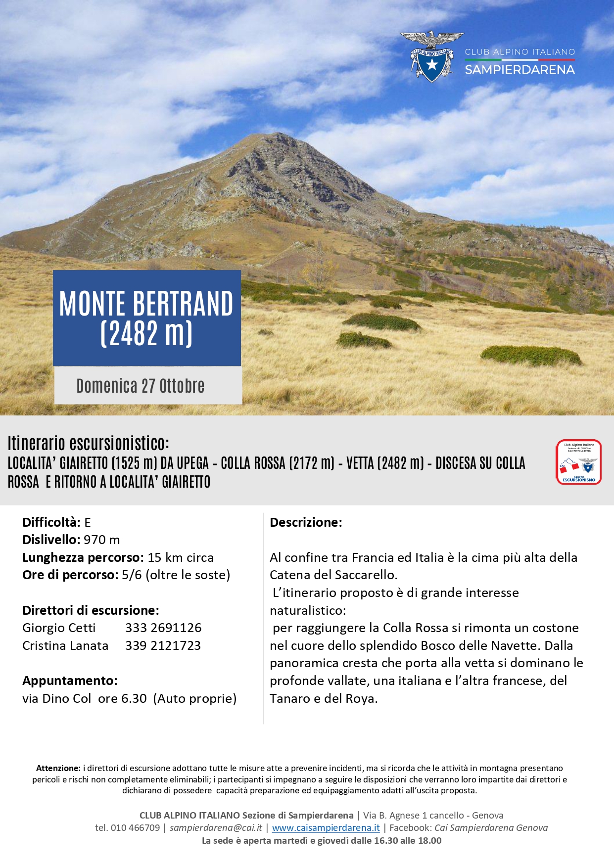 Domenica 27 Ottobre – Escursionismo – Monte Bertrand