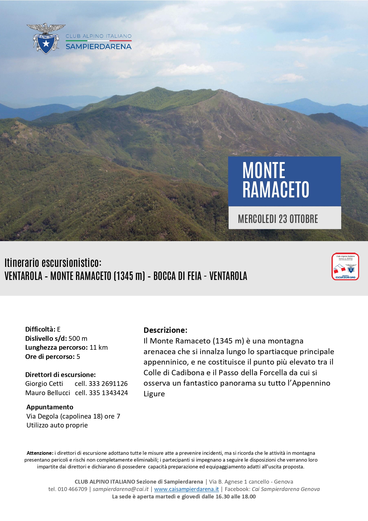 Mercoledi 23 Ottobre – Escursionismo – Monte Ramaceto