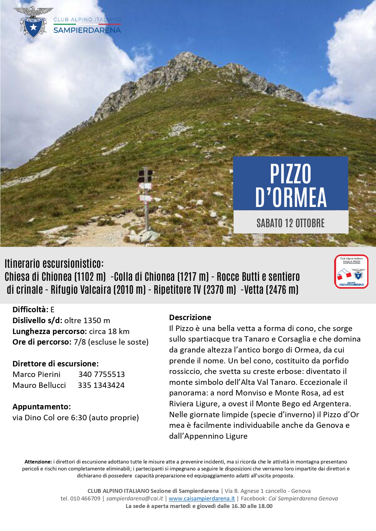 Sabato 12 Ottobre – Escursionismo – Pizzo d’Ormea