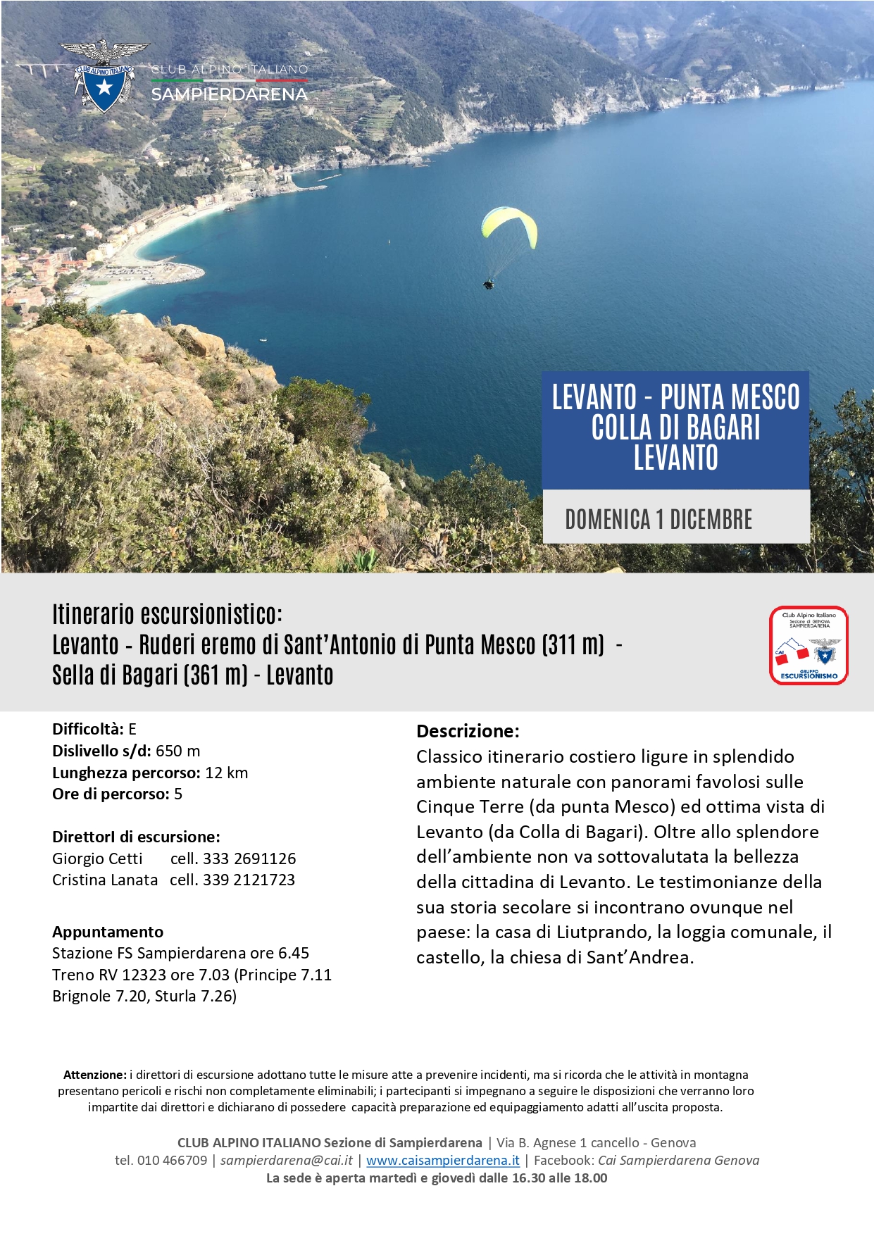 Domenica 1 Dicembre – Escursionismo – Levanto-Punta Mesco-Colla di Bagari-Levanto