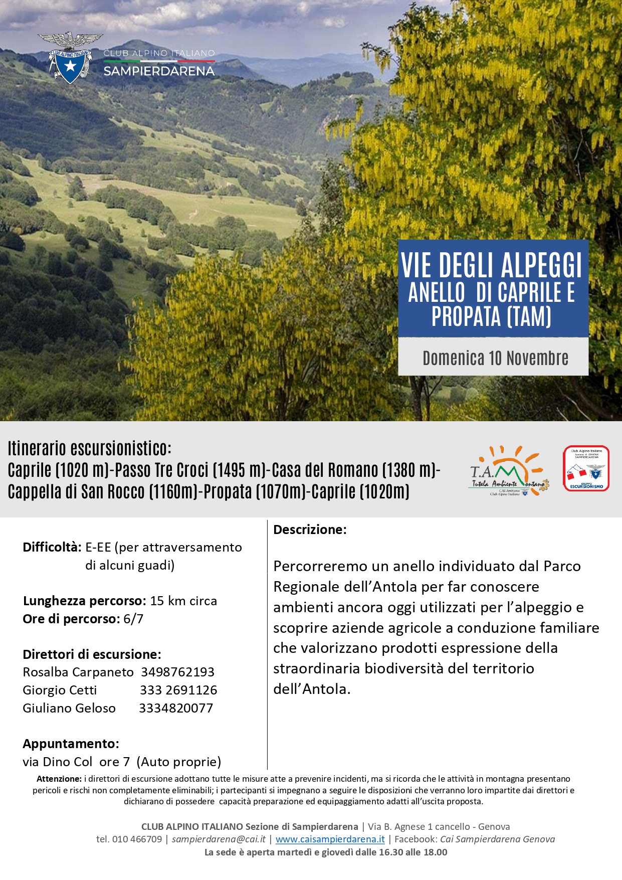 Domenica 10 Novembre – Escursionismo TAM- Le vie degli alpeggi-Anello di Caprile e Propata