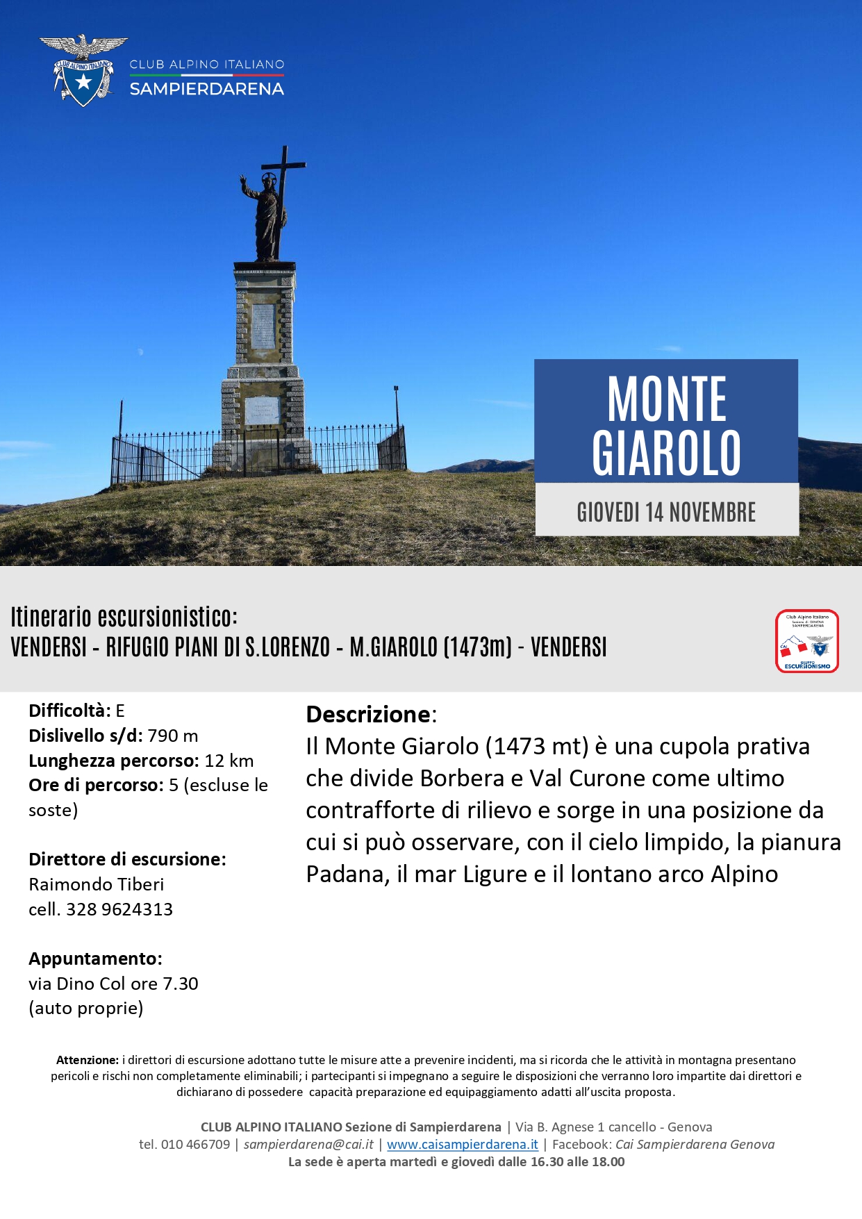 Giovedi 14 Novembre – Escursionismo – Monte Giarolo