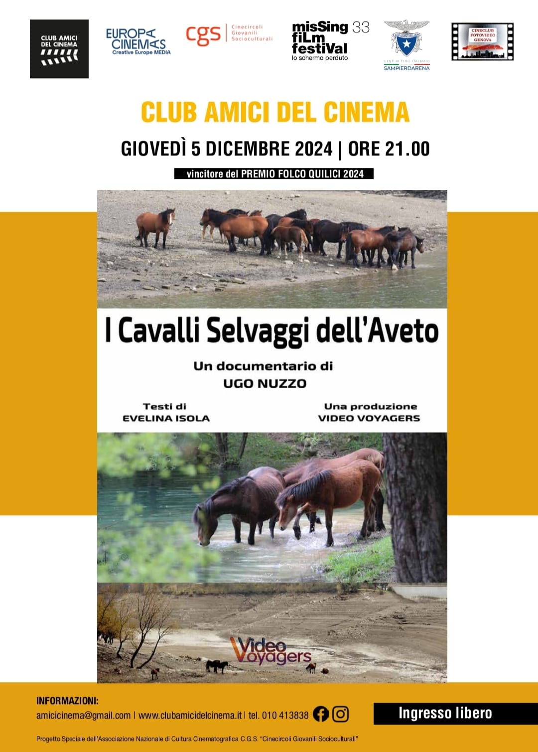 Giovedi 5 Dicembre ore 21 – Club Amici del Cinema – Documentario “I cavalli selvaggi dell’Aveto”