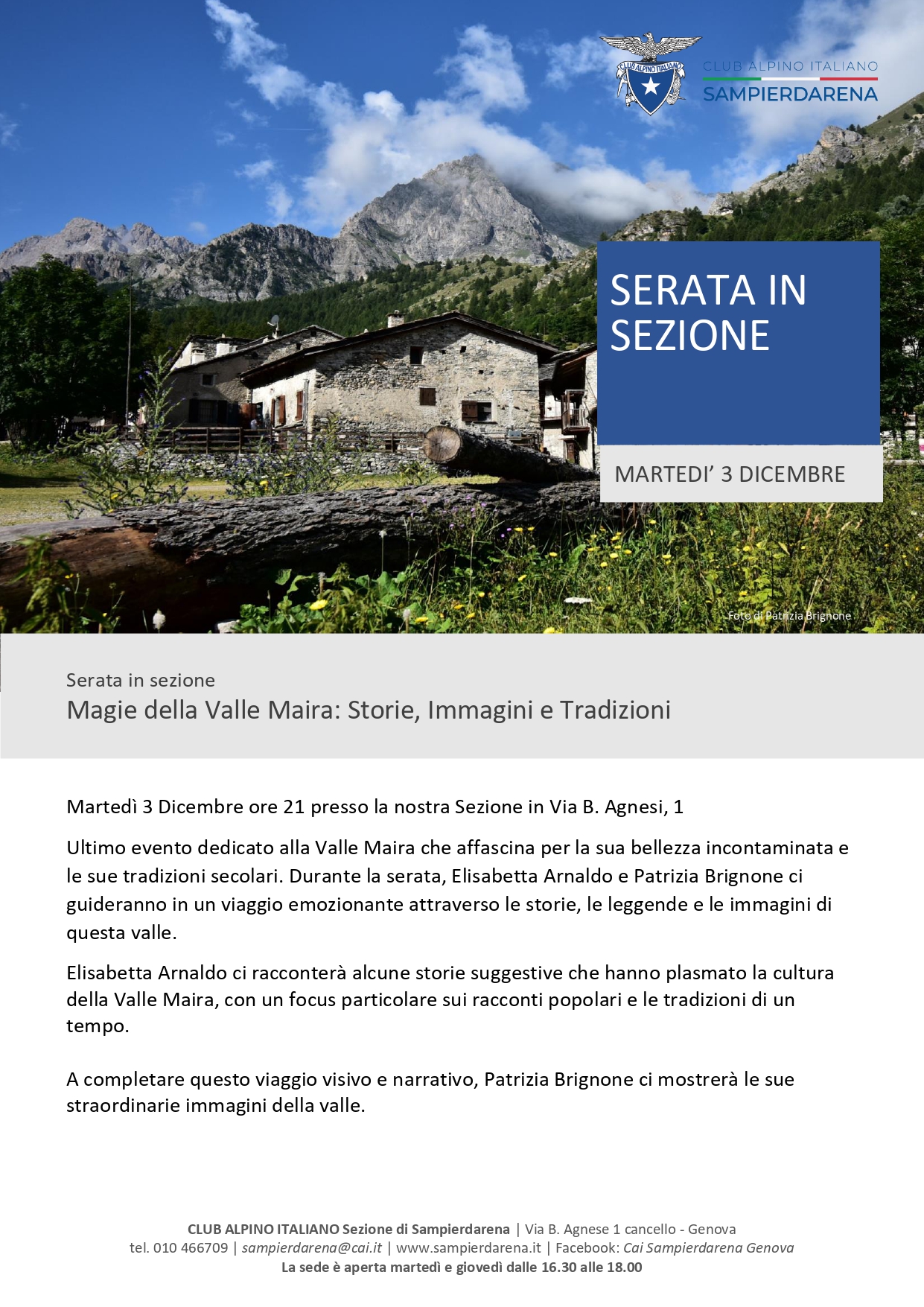 Martedi 3 Dicembre – Serata in Sezione “Magie della Valle Maira: Storie, immagini e tradizioni”