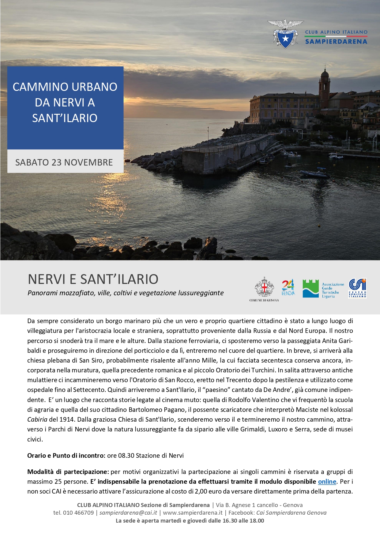 Sabato 23 Novembre – Cammino Urbano da Nervi a Sant’Ilario