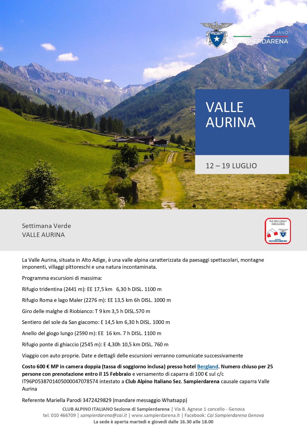 12-19 Luglio  Settimana Verde in Valle Aurina